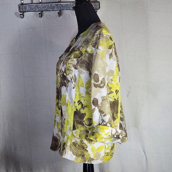 Alfred Dunner Citron Yellow Brown Floral Pearlized Button Up Poly Shacket Sz 16 - Picture 7 of 16
